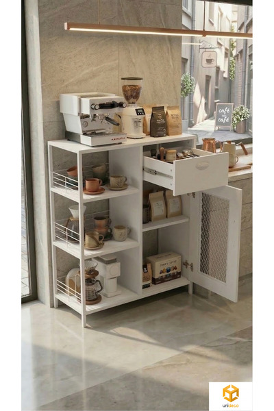 AYZ Keyif Kahve Köşesi Çekmeceli Dolaplı Mutfak Dolabı Kahve Dolabı Beyaz-Beyaz