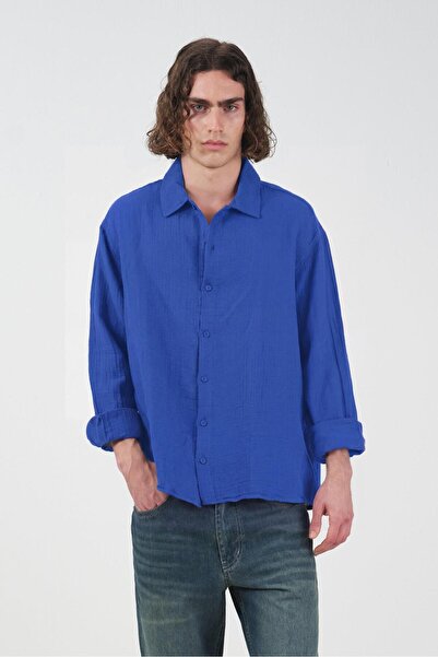 GIESTO Textured Blue Muslin Shirt