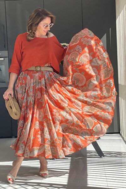 MİSLİNA BUTİK Çiçek Desen İthal Kiremit Elbise