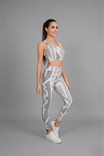 Lohussa Women's Gray Patterned High Waist Sports Fitness Leggings Bustier 2-P...