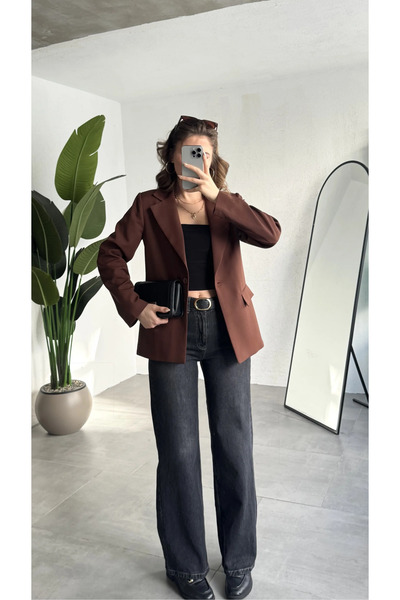 ELAYF Women's Brown Oversized Blazer Jacket Single Button Classic Casual Fabr...