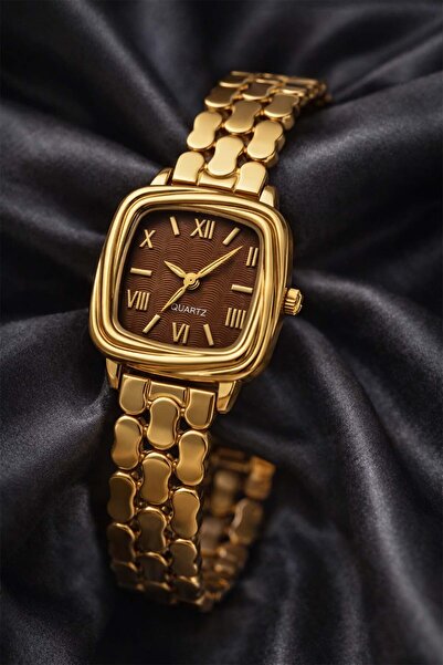 İnogge Women's Steel Watch Gold Color Coffee Color Dial Vintage Square Case L...