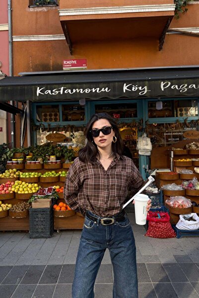 mylove Pocketed Plaid Shirt Brown