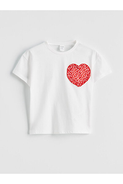 LC Waikiki Ecru Crew Neck Heart Embroidered Girls' T-Shirt