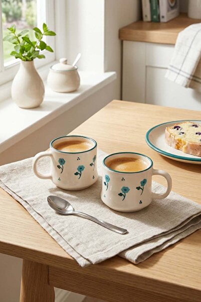 EvaniLife 2'Li Bahar Rüyası Serisi Çiçek Desenli El Yapımı Seramik Kupa & Bar...