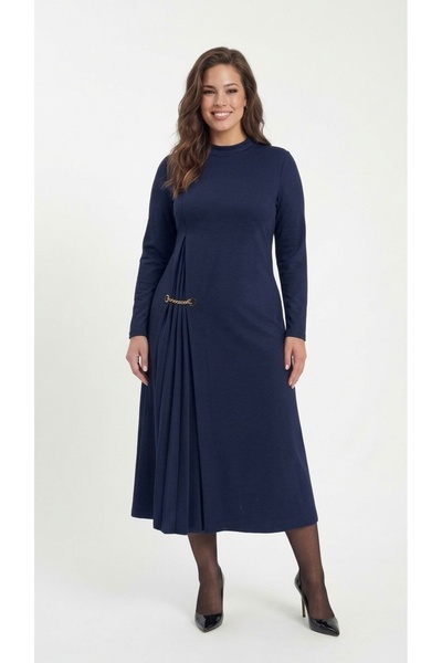 Bedrinxxl Büyük Beden Pilise Detaylı Maxi Elbise Lacivert