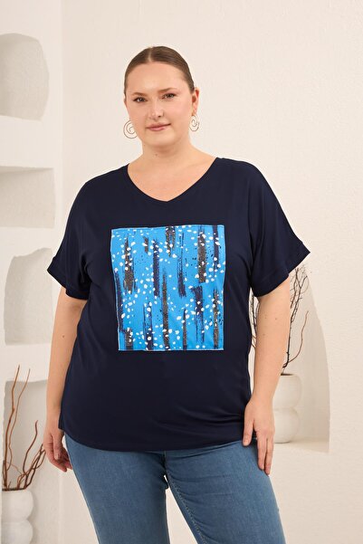 RMG Printed Stone Detailed Plus Size T-Shirt Navy Blue