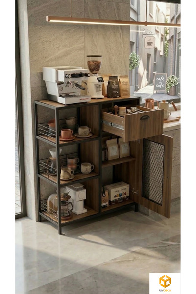 AYZ Keyif Kahve Köşesi Çekmeceli Dolaplı Mutfak Dolabı Kahve Dolabı Siyah-Caf...