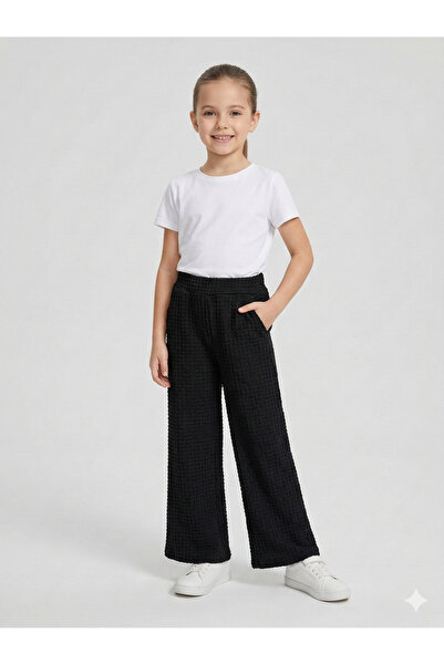 İncili Girl's Black Wide Leg Bubble Textured Pocketed Pants - Relaxed Fit Sin...