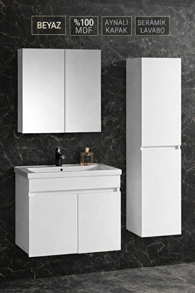 Multi Series 65 cm +35 Beyaz Banyo Dolabı Takımı - Aynalı Seramik Lavabolu Ba...