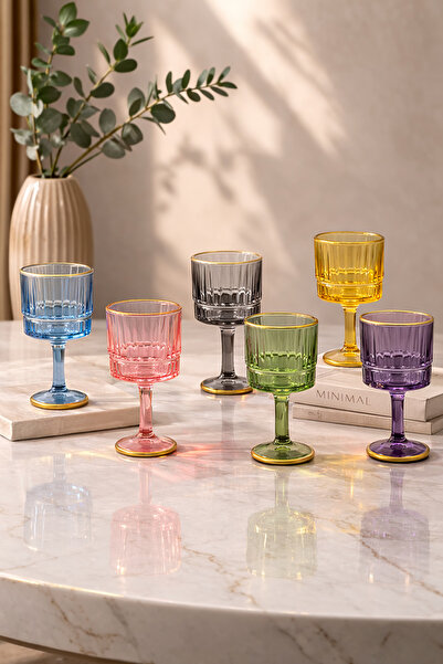 YzHome 6 Kişilik Cam Yaldızlı Renkli Kahve Yanı Su Bardağı 75ml Çizgili Pinte...