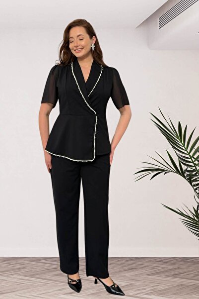 Moda Amore Women's Black Pearl Trimmed Peplum Blouse and Pants Set - Evening ...