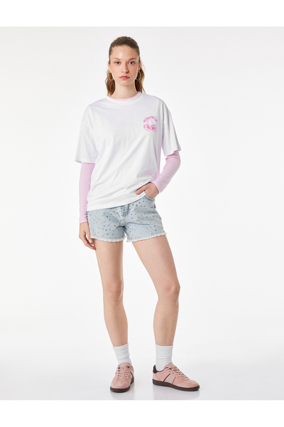 Koton Άνετο μπλουζάκι με κοντό μανίκι και λαιμόκοψη ποδηλατικού τύπου, με σχέ...