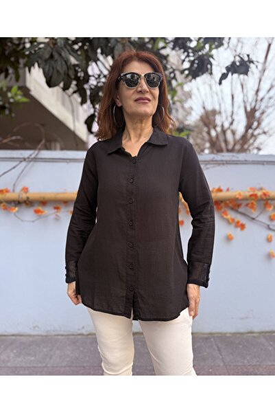 DenizEge Cămașă din plasă cu nasturi pe spate, bumbac coloane, neagră