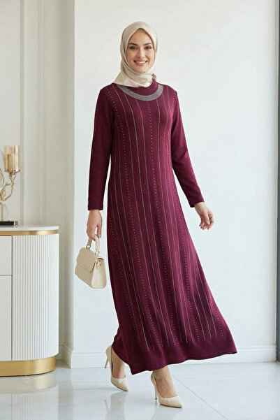 Women's Burgundy Crystal Fabric Stone Detailed Long Hijab Dress