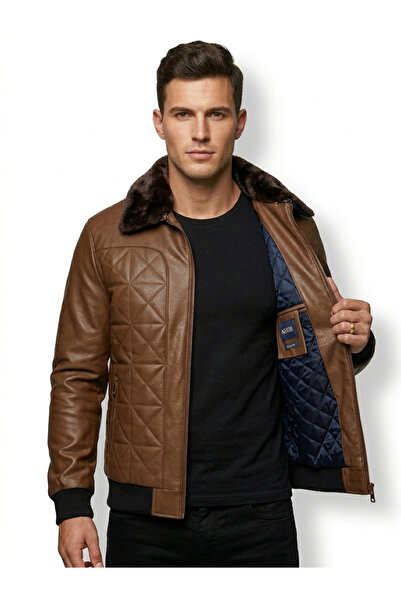 İMAJ MAĞAZACILIK Erkek Kahverengi Kürklü Deri Mont - Baklava Desenli Slim Fit...