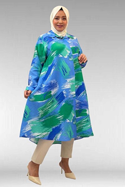 Eslina 68015 Büyük Beden Mevlana Kesim Mango Gömlek - Desenli Mavi