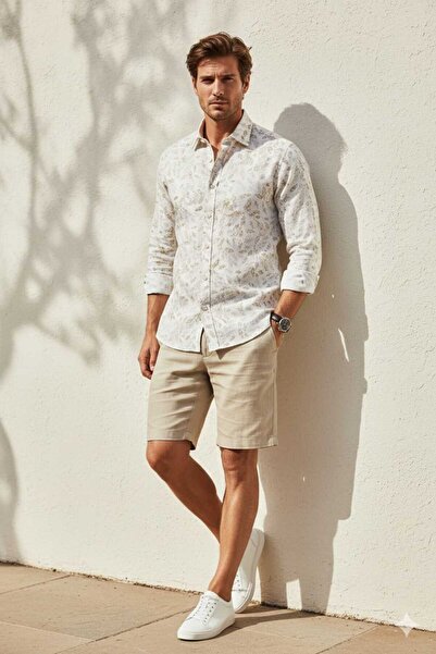 Louis Fabel Ethnic Leaf Pattern on Ecru Background Patterned Long Sleeve Men'...