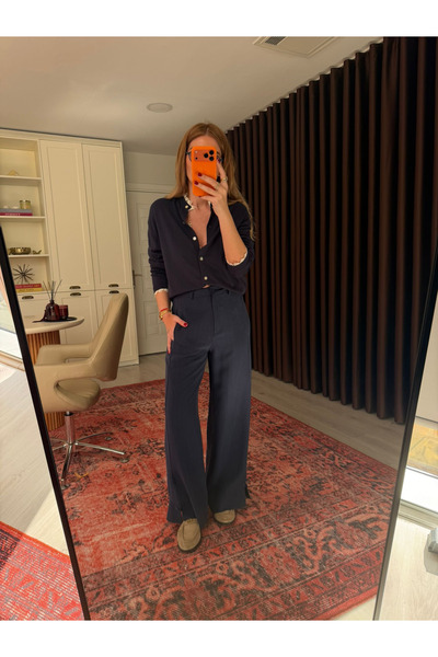 begum mayda Lacivert Premium Tok Tencel Kumaş, Paçası Düğme Detaylı Pantalon