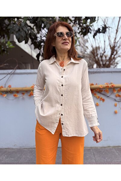 DenizEge Cămașă cu plasă în bumbac puncte, cu nasturi la spate, bej