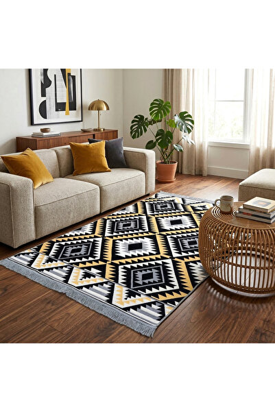 OEM Covor Țesut Tradițional, 2 fețe, Model Boho Etnic Ocru, 60x90 cm