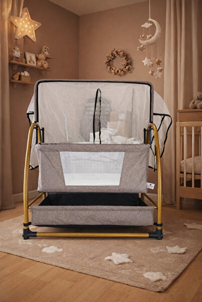 Bebelovv Gold Keten Kumaş Sallanabilir Sabitlenebilir Portatif Hamak Sepet Beşik