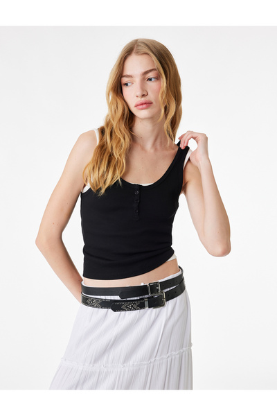 Koton bumbac piese cu nasturi în partea de sus Tricou cu decolteu în U materi...