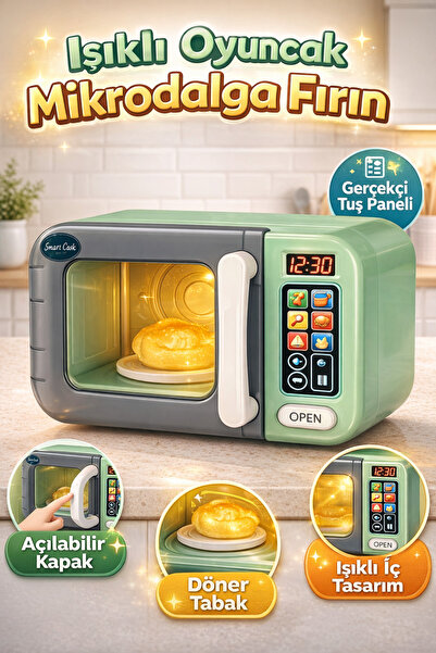 TRENDZONE Işıklı Oyuncak Mikrodalga Fırın 25cm – Açılabilir Kapaklı Döner Tab...
