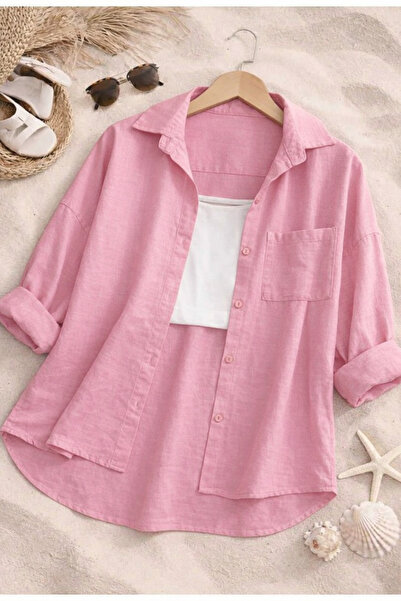 İnazuma Outdoors Women's Linen Pink Shirt Summer Oversized Shirt New Season