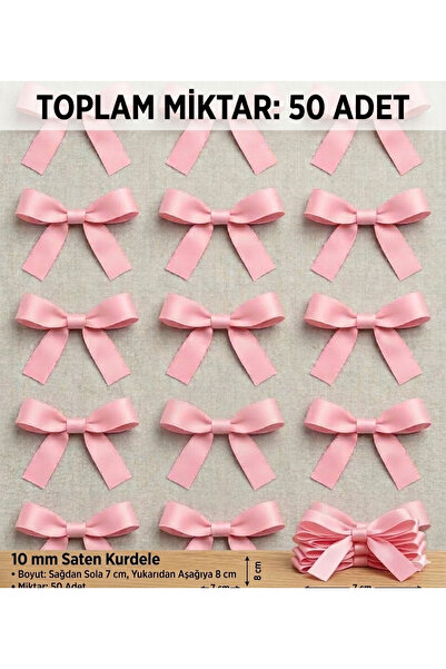 serap çiçekçilik 50'li Paket Hazır Saten Kurdele Fiyonk - Pembe - 10mm En (7x...