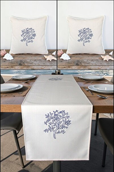 VISIONARIO Marin Embroidered Table Runner 145X40 and 45X45 Cushion Set Seawee...