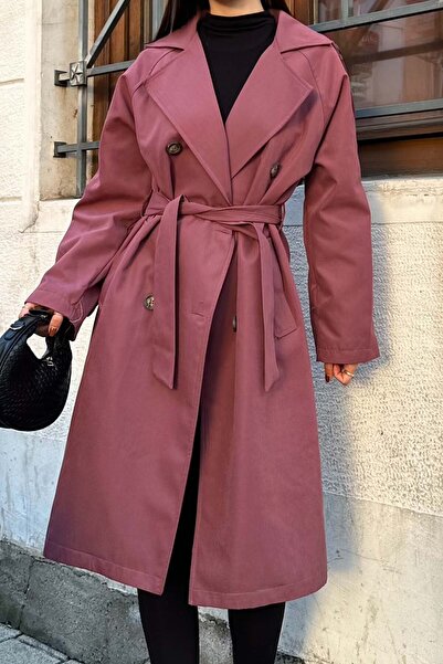 XXL BUTİK Trenci pentru femei Dusty Rose cu căptușeală supradimensionat curea...