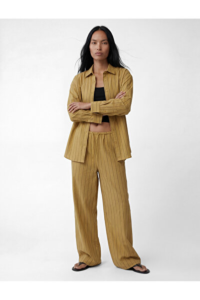 Koton Tie-Waist Modal Fabric Wide-Leg Striped Trousers with Pockets