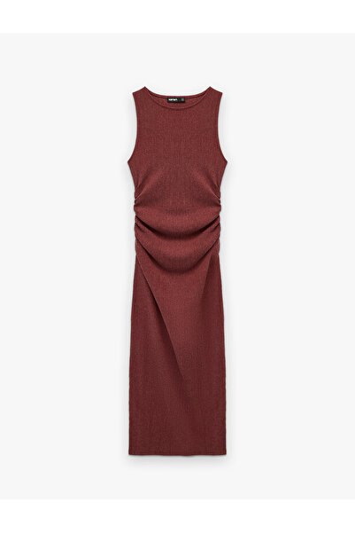 Koton Bürümcük Fabric Drape Detailed Crew Neck Long Pencil Dress