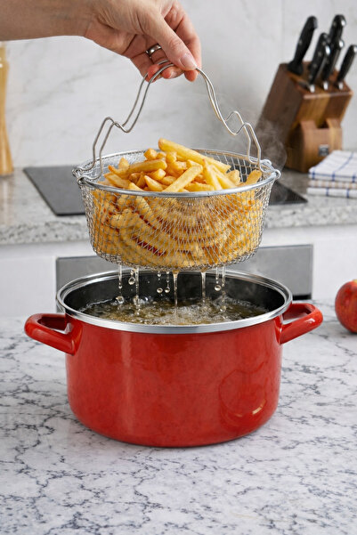 MİS KİTCHEN 22 cm Frying Pan with Basket Enamel Pot Leather N Pot Potato Fryi...