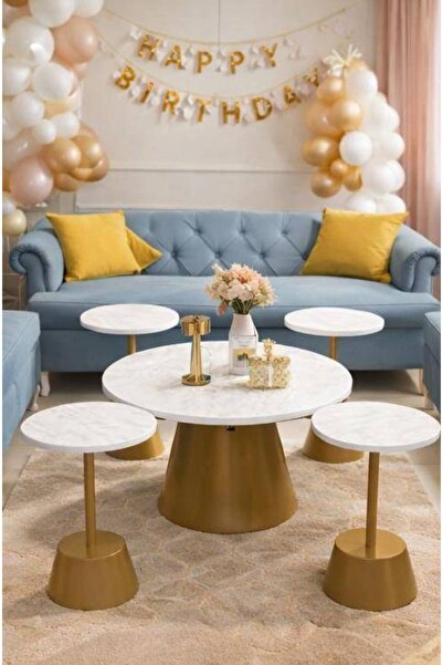 LAMST Golden Metal Table Set with 4 White Wooden Service