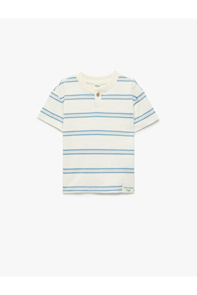Koton Cotton Button Detailed Short Sleeve Crew Neck Striped T-Shirt