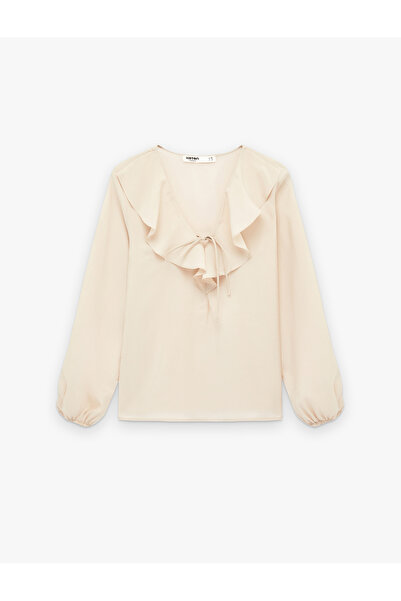 Koton Drawstring Flywheel Detailed Long Sleeve V-Neck Blouse