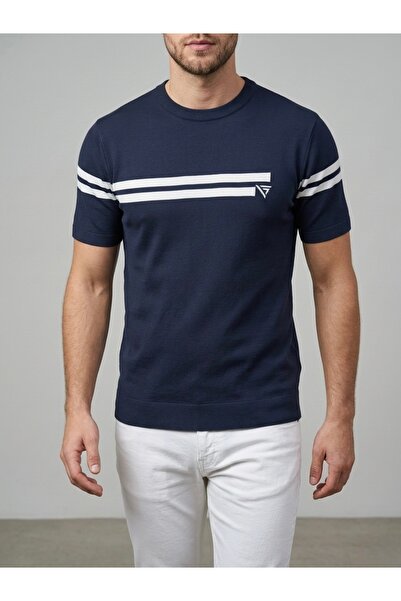 homiro Bărbați Albastru Marin cu dungi guler rotund slim fit tricou