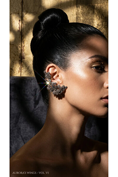 Dorvina Pirinç Kadın Earcuff Küpe Gold Füme Renk Zirkon Taşlı Çiçek Model Vin...