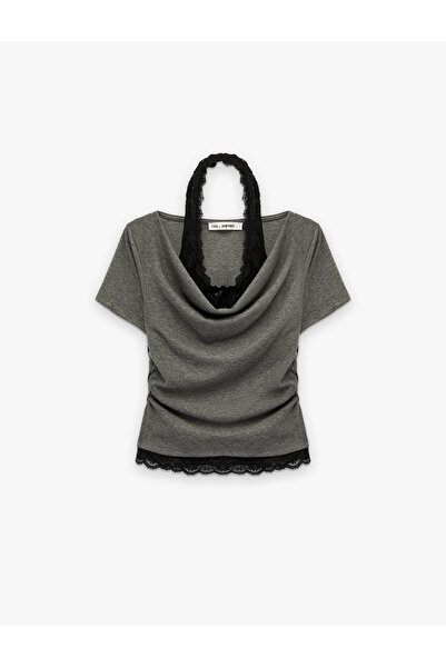 Koton Slim Fit Short Sleeve Lace Detailed Athlete Double Boat Neck T-Shirt