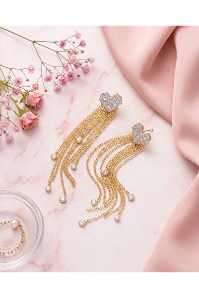 Dorvina Brass Women's Earrings Gold Color Zircon Stone Heart Dangle Chain Vin...
