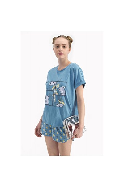 Arnetta Women's pajamas with Short-Sleeved T-shirt and shorts, panda print, blue
