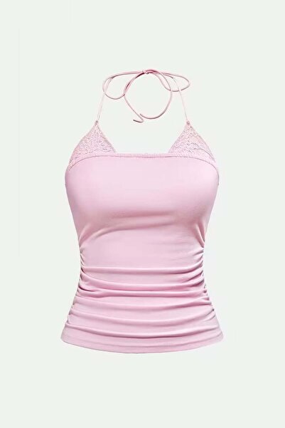 ARS Butik Pink Collar Accessory Lace Detail Tie-Detail Y2K Strap Cropped