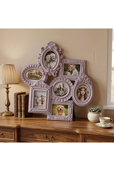 dyris Lila 7’li Dekoratif Fotoğraf Çerçevesi 33x35 cm Vintage Çoklu Resim Çer...