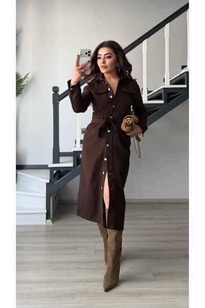 Oslove Bitter Brown Belted Dress Midi Length Denim