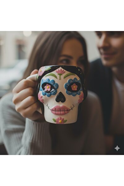 kt kuzey tacı Sugar Skull Tasarımlı 3D Figürlü Porselen Kupa – Özel Tasarım S...