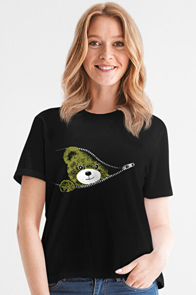 ROCKANDROLL Tricou negru pentru femei Teddy cu mânecă scurtă și fermoar
