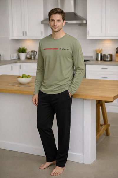 Lio20 Men's Long Sleeve Combed Cotton Pajama Set %100 Cotton - Bottom Top Set