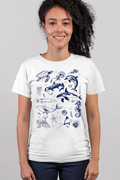 ROCKANDROLL Γυναικείο μπλουζάκι με κοντά μανίκια "Life in the Sea" σε λευκό χ...